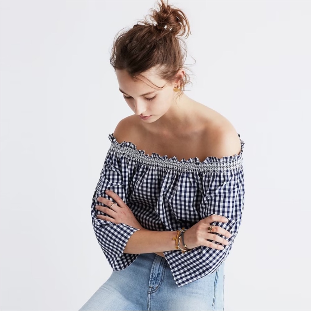 MADEWELL smocked gingham off the shoulder top